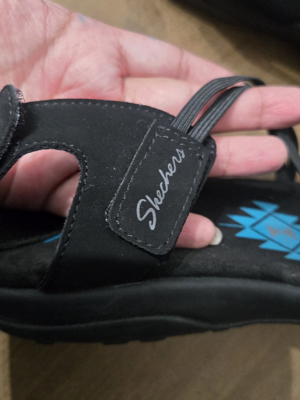 Skechers Black Sandals with Blue Aztec Footbed - Picture 5 of 8